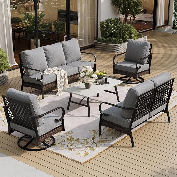 SUNSHINE VALLEY 5 Piece Metal Outdoor Patio Furniture Set, Patio Conversation Set with 1 3-Seater Sofa, 2 Swivel Sofa, Coffee Table - Black & Gray