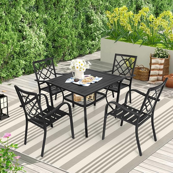 SUNCROWN 5-Piece Outdoor Dinging Set, Wrought Iron Chairs and Table Patio Dining Furniture Set - 4 Stackable Metal Chairs, 1 Steel Slat Bistro Table for Garden Backyard Deck