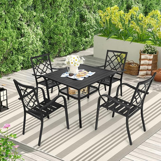 Incbruce 5 Piece Outdoor Dining Set, Wrought Iron Patio Dining Set with 4 Chairs and 1 Square Table (1.57" Umbrella Hole) for Garden, Backyard
