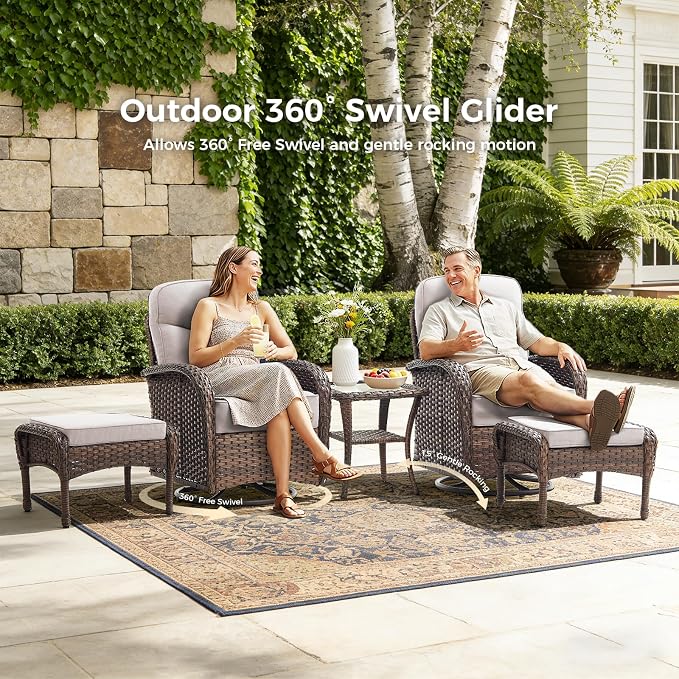 Luxury Patio Furniture Set with 6-inch Thick Cushions, Outdoor Furniture Set with High Back Swivel Chairs, 8 PCS Wicker Outdoor Conversation Set for Porch, Patio, Yard, Deck, Poolside, Brown/Beige