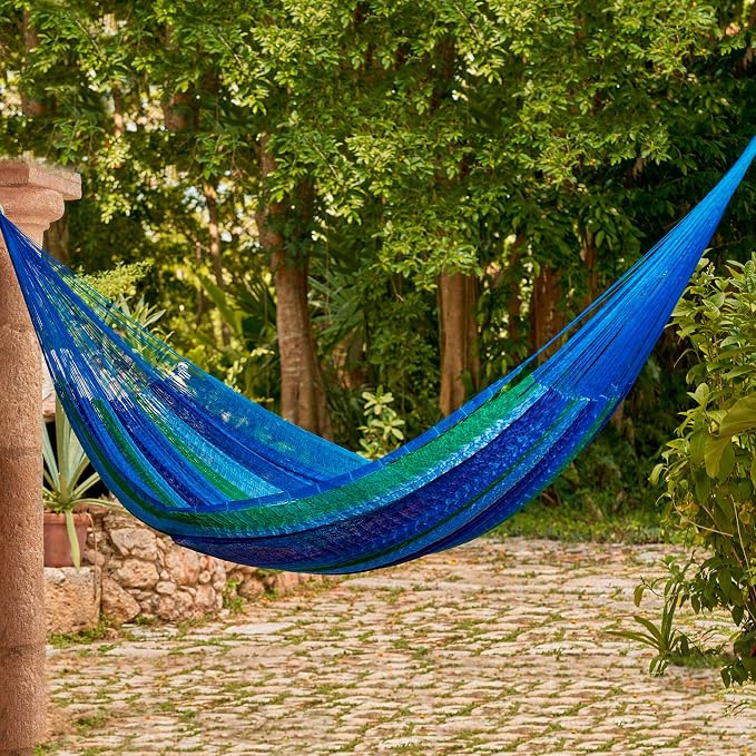 NOVICA Artisan Sea Breeze Double Hammock, Handmade Blue Striped Nylon Mayan Rope Style, Mexico Beach Bonfire [Bed Size 78 L x 78 W Total 158 L]