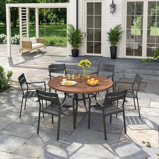 VICLLAX Patio 7 Pieces Outdoor Dining Set, Wrought Iron Metal Outdoor Table and Chairs Set, 47" Round Table with Umbrella Hole and 6 Stackable Chairs for Lawn, Garden, Porch, Walnut/Black