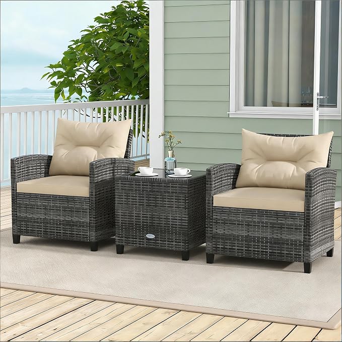ORALNER 3 Pieces Patio Furniture, Outdoor Wicker Conversation Set Chairs with Soft Cushions and Glass Coffee Table, Mix Gray Rattan Bistro Set for Balcony Garden Deck Front Porch Poolside (Beige)