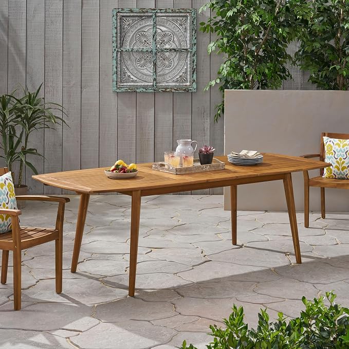 IRONORA Natural Acacia Wood Extendable Patio Dining Table, 94.5 Inch Rectangular Slatted Top Outdoor Farmhouse Table for 6-8 People, Teak Finish Wooden Table for Backyard Balcony