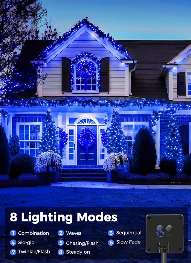 Minetom Solar String Lights Outdoor Waterproof, 40 FT 100 LED Outdoor Light | Solar Powered String Lights with 8 Lighting Modes, Solar Christmas Lights for Outdoor Outside Tree Party Camping Decor, Blue