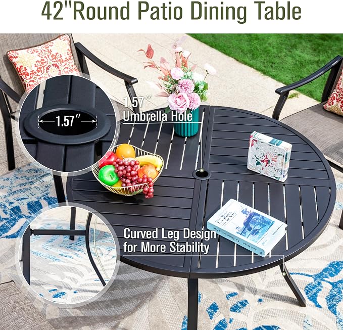 Sophia & William Round Patio Dining Set for 4 with Aluminum Chairs, Grey | Metal table, Stackable sling chairs, Breathable & quick-drying, Light-weight & space-saving, Umbrella Hole, Outdoor, 5 piece