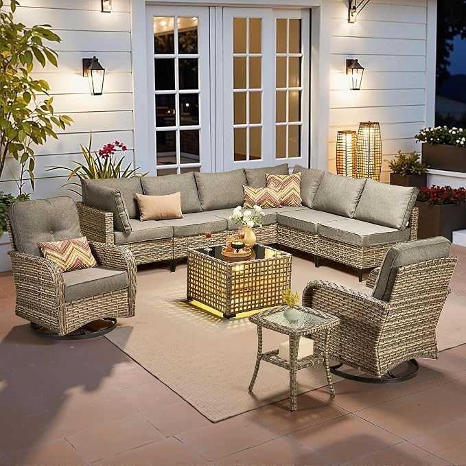 CAODOC Outdoor Sectional Patio Furniture Set,10 Pieces Wicker Conversation Sets L Shaped Couch,Out Door Sofa Outside Furniture with Swivel Chairs,Dark Gray