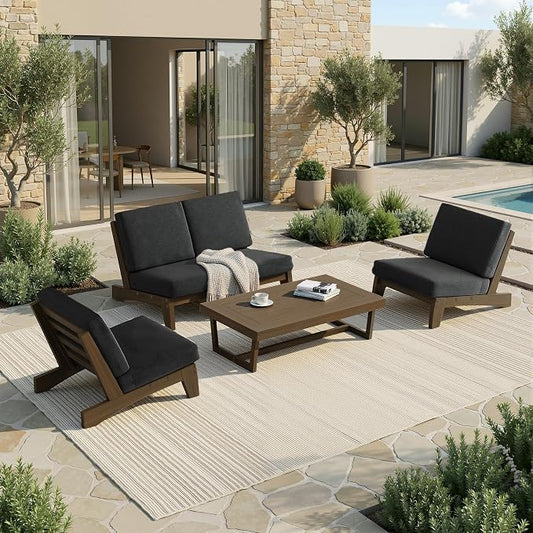 All Weather Patio Furniture Sets, 4 Pieces Teak Wood Outdoor Sectional Futniture Patio Sofa Chair Backyard Conversation Set with Solid Wooden Coffee Table - Dark Gray