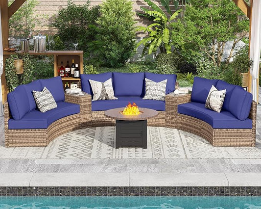 PaPaJet 11-Piece Patio Furniture Set with Large Storage Wedge Table, Half-Moon Wicker Sectional Sofa with Cushions, Waterproof Rattan Outdoor Conversation Set for Beach, Pool, Garden & Balcony, Blue