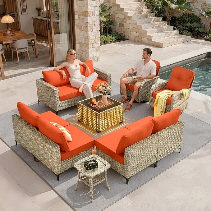 10 Pieces Patio Furniture Set, Outdoor Conversation Set with 360° Swivel Rocker Chairs, Wicker Modular Sectional Sofa & Solar Coffee Table, High Back Outdoor Furniture L Shaped Couch for Porch, Orange