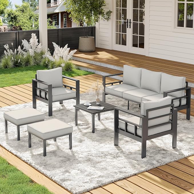 UDPATIO Aluminum Outdoor Furniture Set with 2 Ottomans, 6 Pieces All-Weather & UV-Resistant Patio Sectional Sofa Set for Deck, Backyard, Poolside, Light Gray