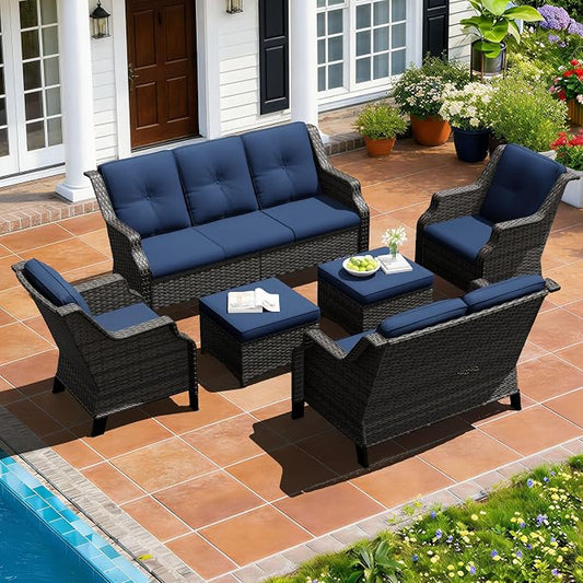 Outdoor Patio Furniture Set, 6 Piece Wicker Patio Furniture with Thick Cushions, Curved Armrest, Deep Seating, Rattan Outdoor Chairs for Porch, Deck, Balcony