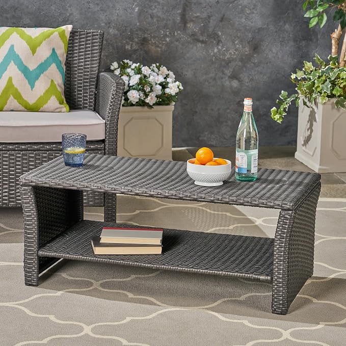 2 Tier Rattan Coffee Table, Outdoor Rectangle Patio Coffee Table with Storage for Patio Balcony Porch Deck
