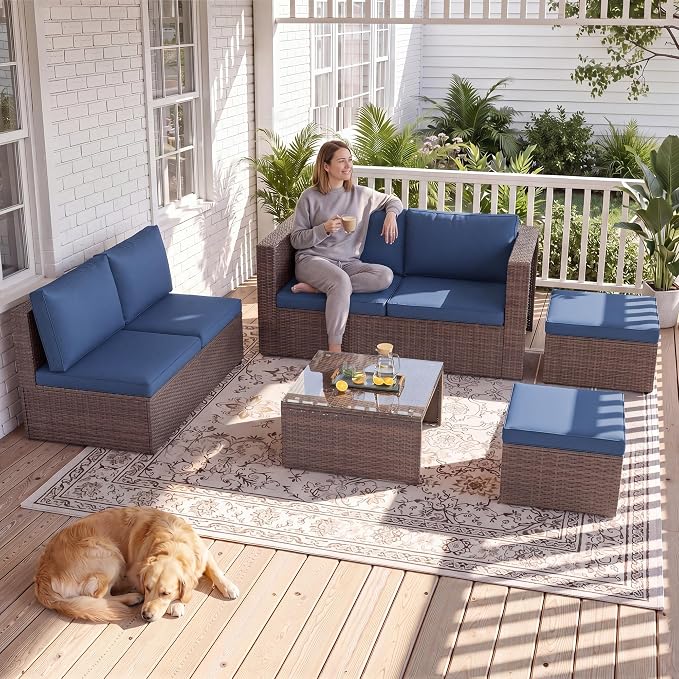 Amopatio Patio Furniture Set, Space-Saving Nestable All-Weather Wicker Outdoor Conversation Sofa Set with Glass Coffee Table, Cushions & Ottomans for Deck Backyard Porch Lawn Navy Blue