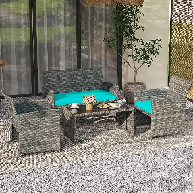Tangkula 8 Piece Patio Wicker Furniture Set, Outdoor Heavy Duty Rattan Cushioned Chairs, Loveseat and Tempered Glass Coffee Table, for Backyard, Balcony, Poolside