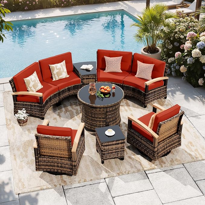 MEISSALIVVE 9-Piece Half-Moon Curved Outdoor Patio Furniture Set, Sectional Conversation Sofa with 2 Swivel Glider Chairs, Round Coffee Table for Backyard Deck Garden, Red