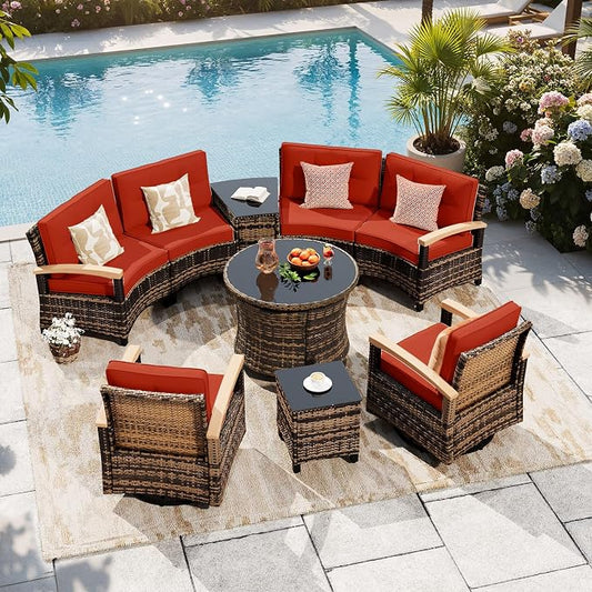 MEISSALIVVE 9-Piece Half-Moon Curved Outdoor Patio Furniture Set, Sectional Conversation Sofa with 2 Swivel Glider Chairs, Round Coffee Table for Backyard Deck Garden, Red