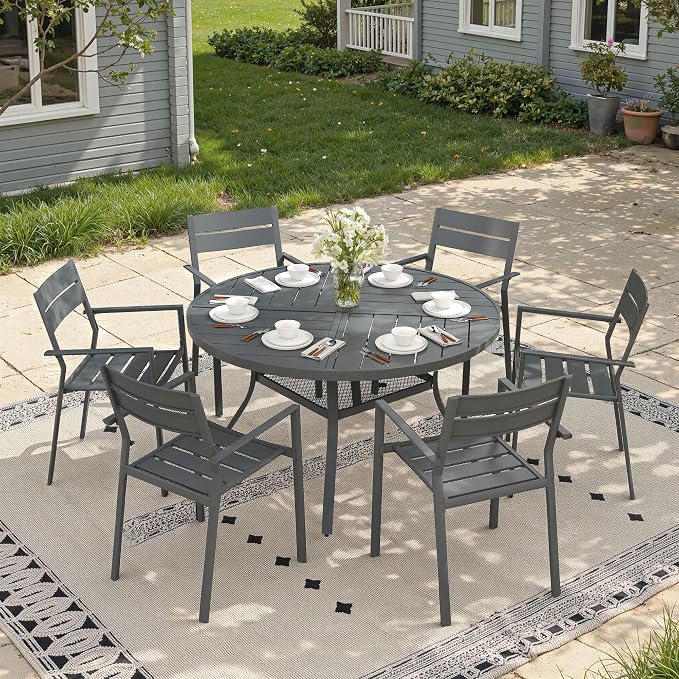 47.2" Outdoor Dining Table with Adjustable Umbrella Hole, Metal Slatted Round Patio Dining Table for Backyard Garden Deck, Dark Grey