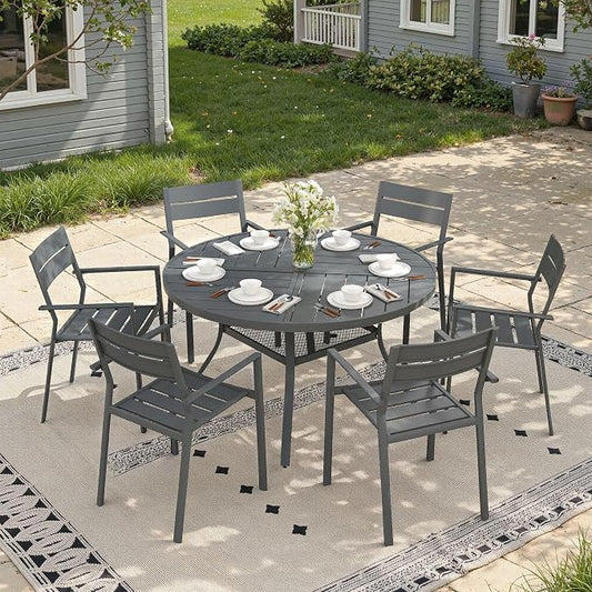 Patio Dining Set for 6, Round 47.3" Patio Dining Table and Stackable Outdoor Dining Chairs Outdoor Furniture for Backyard Porch Deck, Spliced Dark Grey Table and Grey Chairs