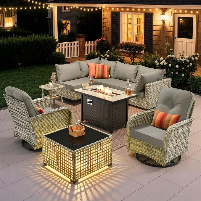 9 Pieces Outdoor Sectional Patio Furniture Set with 42" Fire Pit,Conversation Sets Rattan Wicker L Shaped Couch Swivel Rocking Chairs,Modular Outdoor Sofa for Porch Balcony Backyard Dark Grey