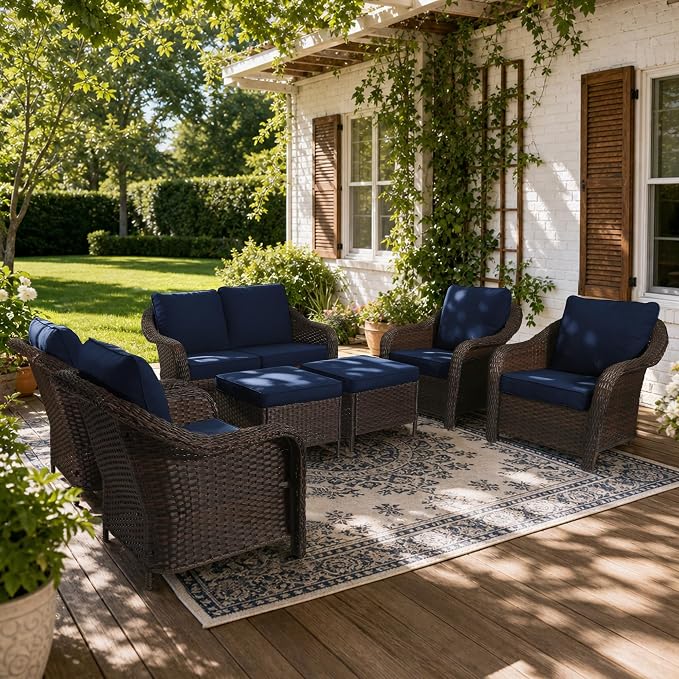 7 Piece Patio Wicker Conversation Set, All-Weather Use Outdoor Wicker Loveseat with 4 PE Rattan Ottomans,4 Chair, Ideal for Porch, Backyard, Balcony, Poolside, Blue