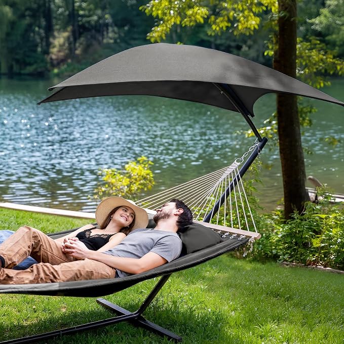 SUNCREAT Hammocks Standing Patio Hammock with Canopy, Portable Hammock with Stand Foldable, Patent Pending, Dark Gray