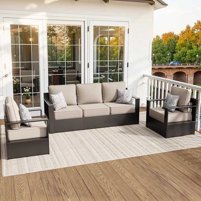 Aluminum Patio 79" Sofa Set with 2 Armchairs, All Weather Outdoor Conversation Furniture Set with Metal Armrest & 6" Water-Resistant Cushions & Furniture Covers for Deck Porch (Beige)