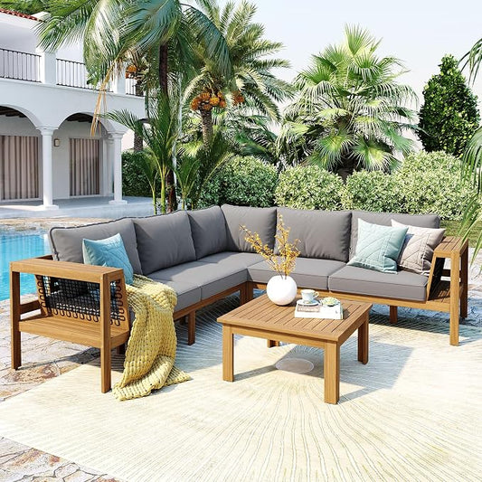 Merax Outdoor Patio Furniture Set 5 Seats, L-Shaped Outdoor Sectional Corner Sofa Set, Acacia Wood Conversation Sets with Washable Cushions & Coffee Table, Patio Furniture for Backyard, Porch, Grey