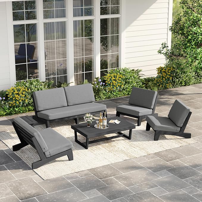 6 Piece Teak Outdoor Patio Frutnire Set, 7 Seater Patio Conversation Sets with Thick Cushions, Outdoor Sectional Furniture with Coffee Table - Gray