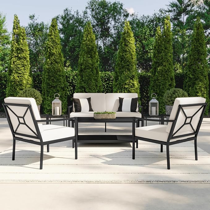 Martha Stewart Lily Pond 4-Piece All-Weather Conversation Set with Patio Loveseat, 2 Accent Chairs, and Coffee Table with Steel Frames in Black with Cream Cushions