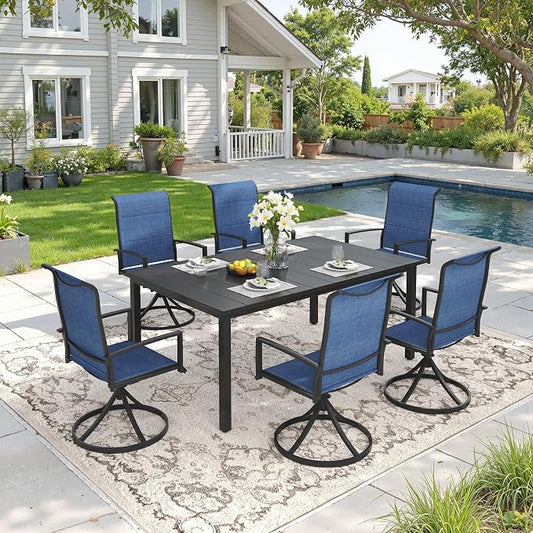 DIFY 7 Piece Outdoor Patio Dining Set for 6, 63" Black Rectangle Metal Dining Table and Swivel Patio Chairs with Blue Padded Textilene, All-Weather Outdoor Furniture Set for Garden Backyard Porch