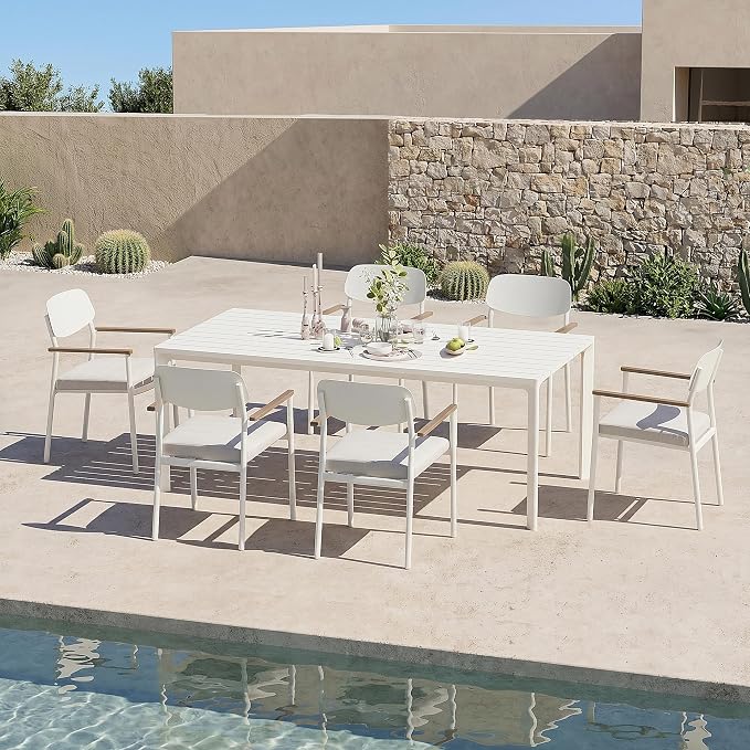 Modern Shade Lusso Outdoor Dining Chairs Set of 6, Fade Resistant, All-Aluminum Outdoor Chairs with FSC Teak Wood Armrests, Weather-Resistant Patio Chair with Quick Dry Cushion, White