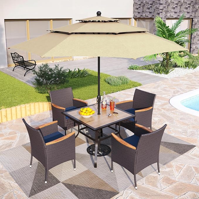 PHI VILLA 5pc Patio Dining Set with Umbrella, Square Table, Rattan Chairs | 37" Wood-like Metal Table, Cushioned PE Rattan chairs, 10ft Beige 3 Tier Auto-tilt Umbrella (Base Not Included)