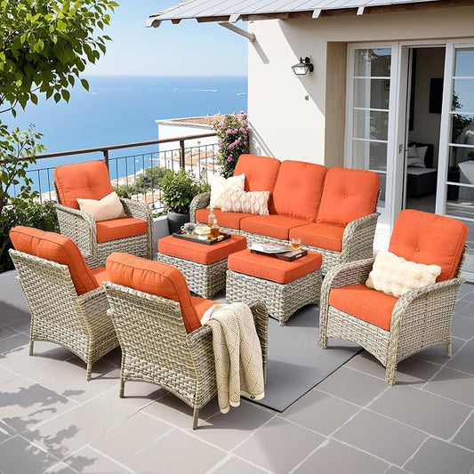 7-Piece Outdoor Patio Furniture Set with Ottomans 3 Seater Couch,All Weather Wicker Rattan Patio Seating Sofa and Chair Set with Ottomans,Outdoor Conversation Sets for Porch Deck Yard,Red