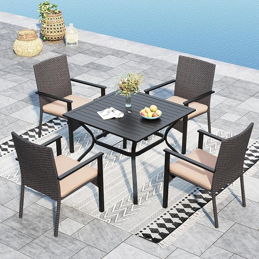 Sophia & William 5 Pieces Patio Dining Set for 4 People, Square Metal Patio Table and Rattan Chairs, 4 People Patio Table Set with 1.57" Umbrella Hole, Seat Cushions