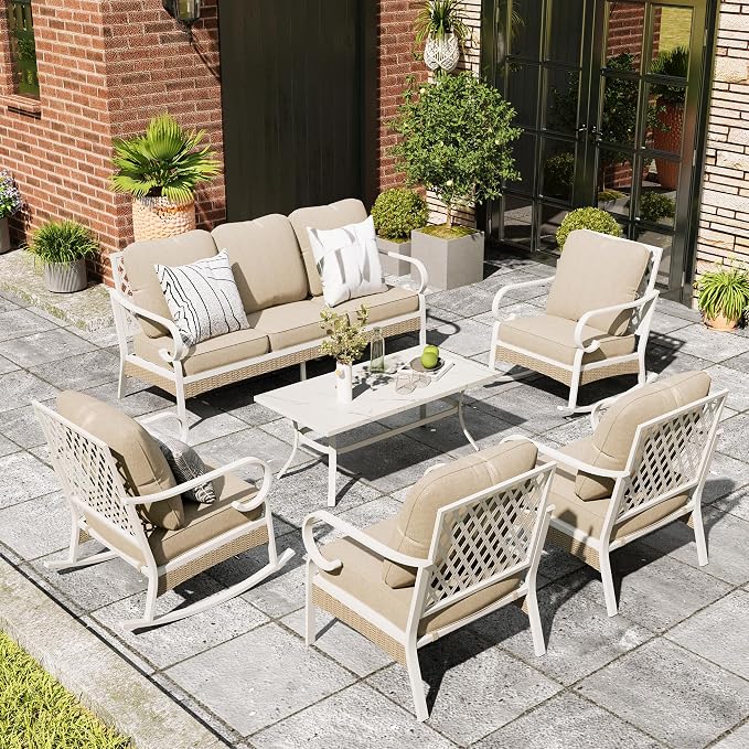 MIXPATIO 6 Piece Patio Furniture Set, 2 x Fixed Chair, 2 x Rocking Chair, 1 x 3-Seat Sofa with Marbling Coffee Table, All Cushioned 7 Seats Outdoor Conversation Set, Beige