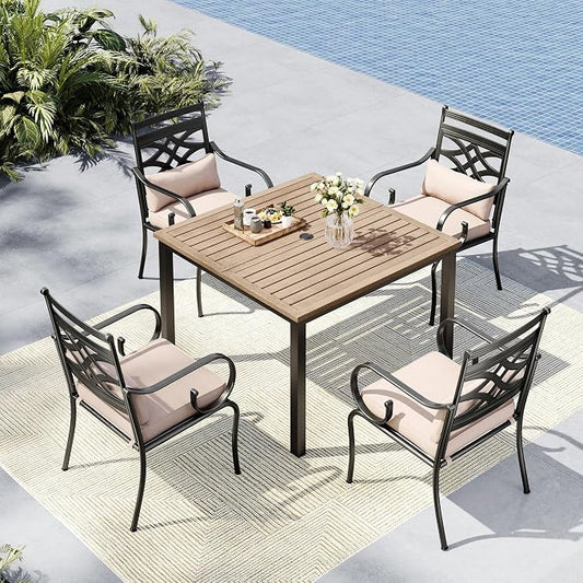 MFSTUDIO Patio Dining Set, 42" Square Wood-Look Table, Fixed Chairs | Umbrella Hole, Seats 4, All-Weather Use