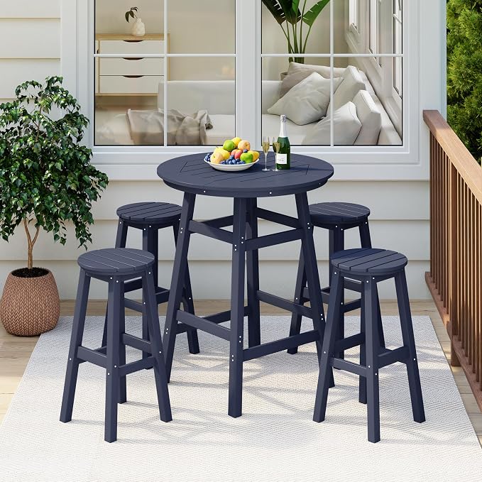 Costaelm Patio Bistro Table, 42" Counter Height Round Patio Cocktail Bar Table with Umbrella Hole, Outdoor Bistro Dining Pub Table for Front Porch Deck Backyard Garden, Navy Blue