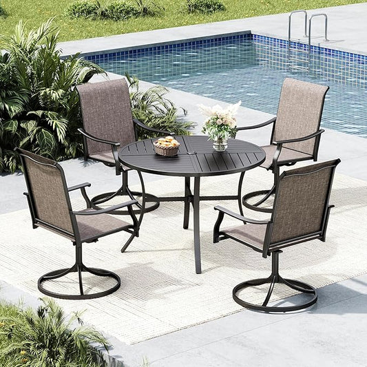 MFSTUDIO 5 Piece Outdoor Dining Set, Round Patio Table & Swivel Chairs | Weather-resistant, 4 person, Breathable & quick-drying Textilene, Metal Frame, Umbrella hole, Outdoor deck backyard