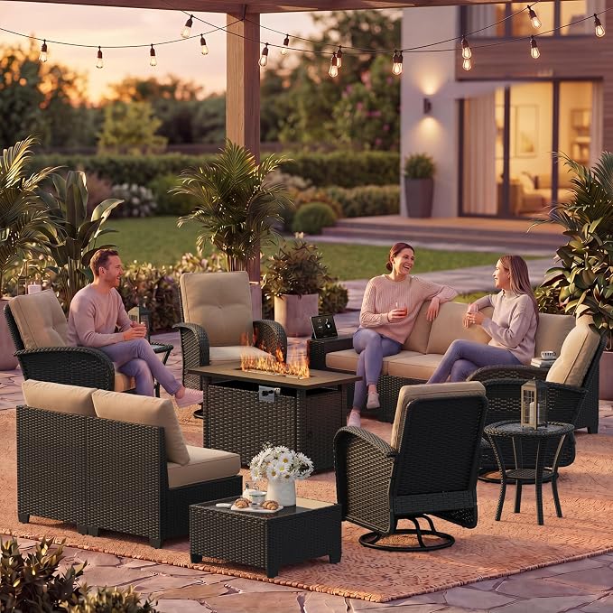 LazySunsets 13 PCS Patio Furniture Set with 44'' Fire Pit Table, Outdoor Sectional All-Weather Wicker Conversation Set with Swivel Rocker Chairs, 4'' Thick Cushions for Backyard Poolside(Cream/Black)