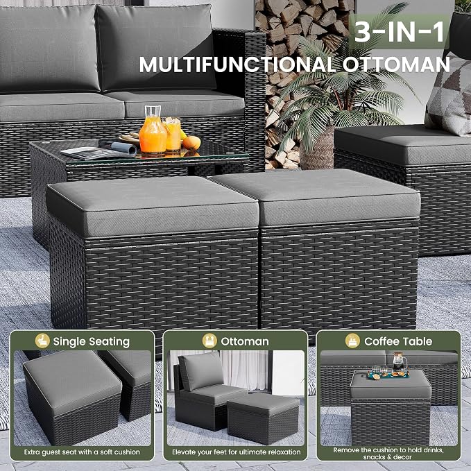 Amopatio Patio Furniture Set,All-Weather Wicker Outdoor Conversation Sofa Set with Glass Coffee Table, Cushions & Ottomans for Deck Backyard Porch Lawn Black/Dark Grey
