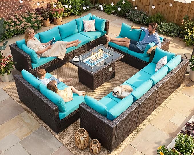 NICESOUL 13 Piece Patio Furniture w/Fireplace, Elegant Outdoor Seating w/Firepit, XL 29.3'' High Back Sectional Sofa, All-Weather Rattan Deck Couch, Modular Sturdy Conversation Set, Brown & Teal