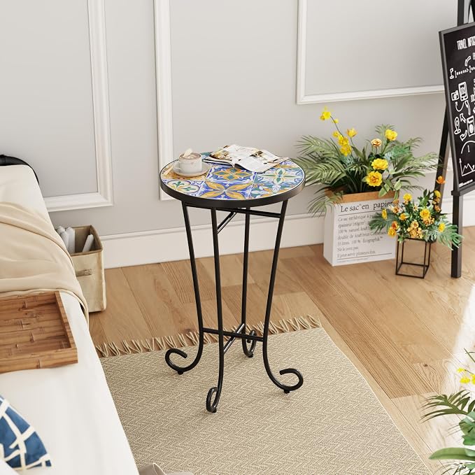 Christopher Knight Home Glady Outdoor Round Side Table, Patio Bistro Table with Ceramic Top and Metal Frame, Small Decorative Accent Table for Patio Garden Porch Balcony, Geometric