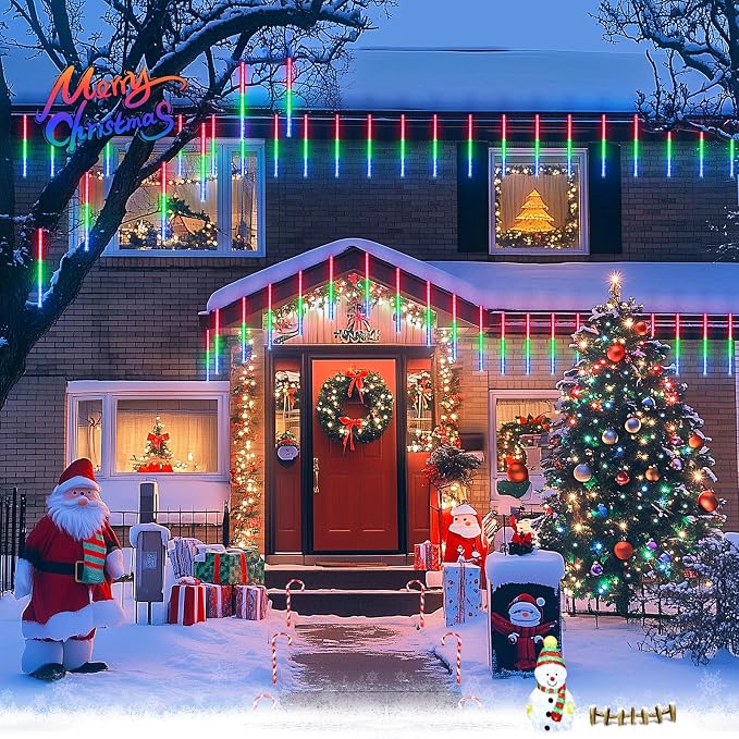 JMEXSUSS Multicolor Solar Meteor Shower Rain Lights, 8 Tube 144 LEDs | Solar Christmas Lights, Led Falling Rain Christmas Light for Xmas Tree Wedding Holiday Party Patio Decoration