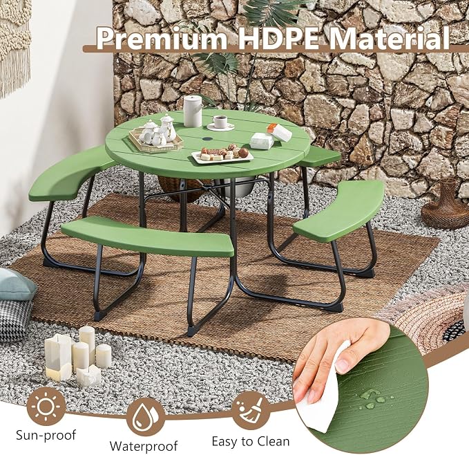 Round Picnic Table for 8 Person, Outside Table Bench Set w/ 4 Built-in Benches, Umbrella Hole, HDPE Top & Metal Frame, 2000LBS Capacity Outdoor Picnic Table for Garden, Porch, Patio (Green)