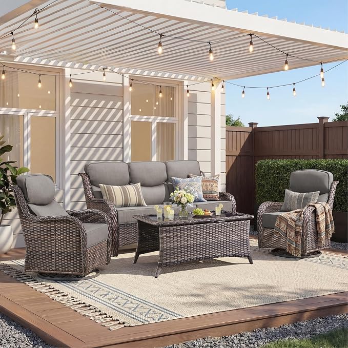 Luxury 4 Pieces Patio Furniture Set-Outdoor Swivel Rocker Patio Chairs with 6" Extra Thick Cushions, High Back Outdoor Couch and Coffee Table, Wicker Conversation Sets for Porch Deck(Brown/Grey)