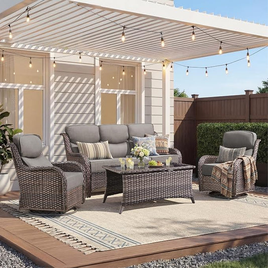 Luxury 4 Pieces Patio Furniture Set-Outdoor Swivel Rocker Patio Chairs with 6" Extra Thick Cushions, High Back Outdoor Couch and Coffee Table, Wicker Conversation Sets for Porch Deck(Brown/Grey)