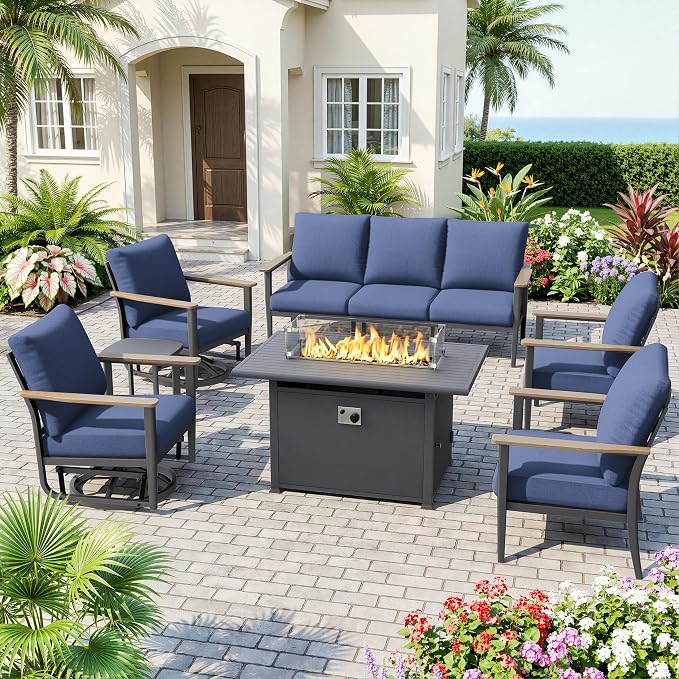 Aluminum Outdoor Patio Furniture Set with Swivel Rocking Chairs 9-Seat, Patio Sectional Sofa Patio Conversation Set with 55,000 BTU Fire Pit Table High Backrest & Thickened Cushions, Navy Blue