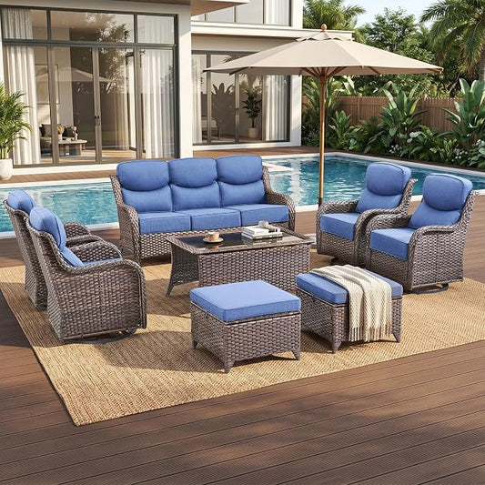 Luxury High Back Outdoor Furniture with 6-Inch Thick Cushions, Patio Furniture Set with Swivel Chairs, 8 PCS Wicker Conversation Set for Porch, Balcony, Deck and Yard