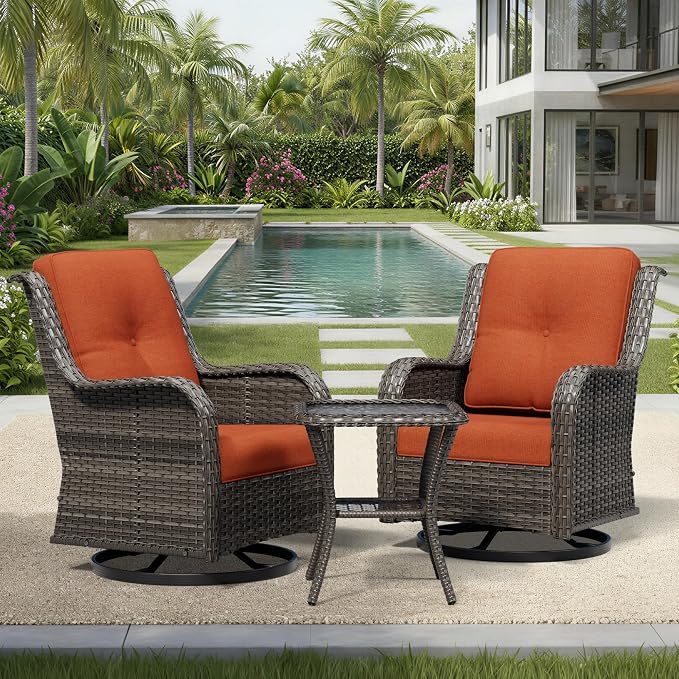 Joyside 3 Piece Wicker Patio Furniture Set, Outdoor Swivel Rocker Patio Chairs with High Back, Deep Seating, Wide Armrest, Thickened Cushions, Outdoor Furniture for Deck, Porch Use
